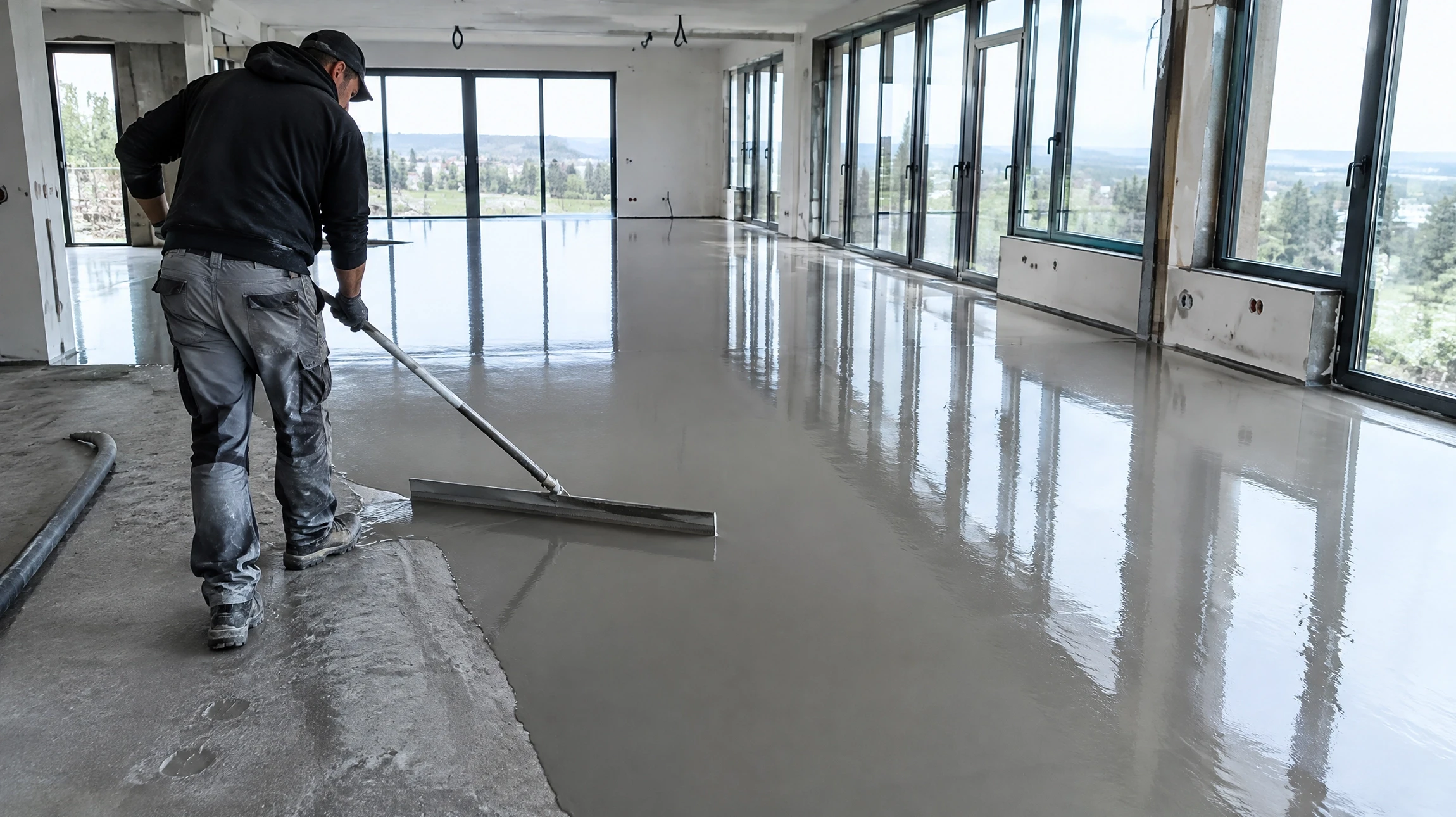 Réunion professionnelle d'artisans chapistes autour d'une table de travail, l'un d'eux présentant un échantillon de chape liquide anhydrite dans ses mains à ses collègues attentifs, document technique de pose visible sur la table, bâtiment artisanal en arrière-plan, éclairage naturel de bureau professionnel.